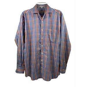 Peter Millar Men’s Plaid Cotton Long Sleeve Button Up Shirt Blue Orange Size Med